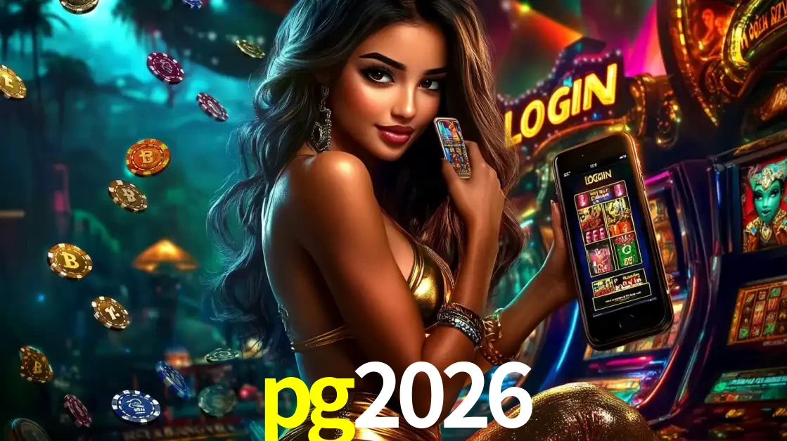 Mulher em um cenário de cassino temático de aventura, mostrando o app de caça-níqueis da pg2026 no celular. Fichas de apostas flutuam ao redor.