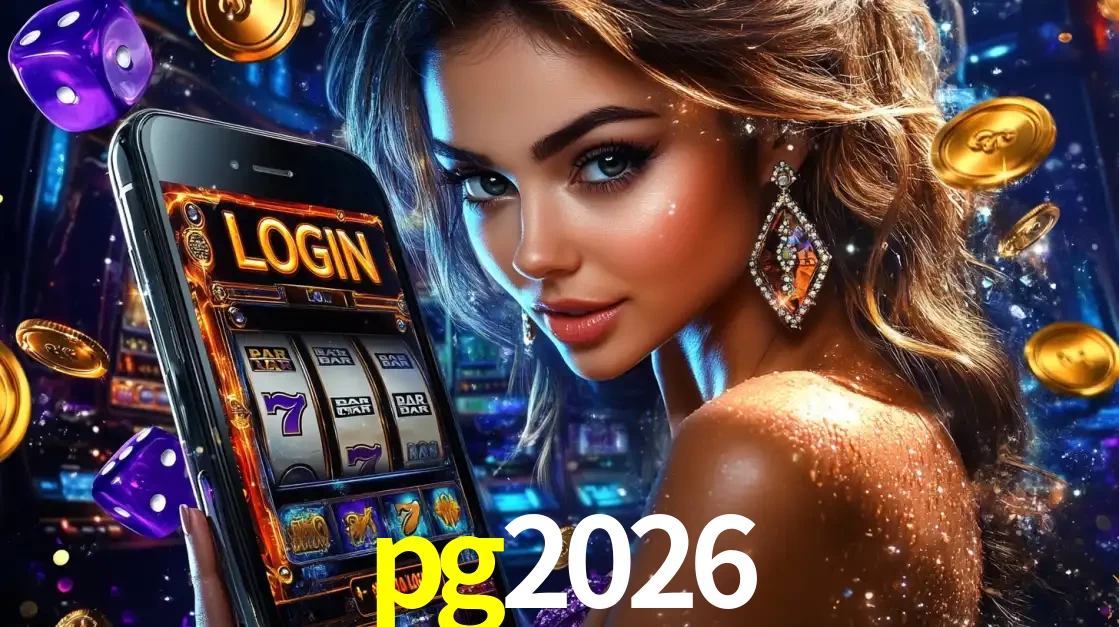 Mulher glamorosa segurando um smartphone com a tela de login para os jogos de caça-níqueis do cassino online pg2026, com moedas de ouro e dados ao redor.